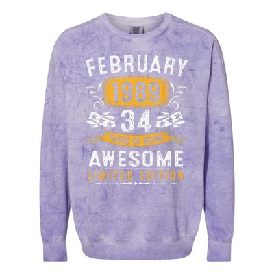 34 Years Old Gifts Vintage February 1989 34th Birthday Colorblast Crewneck Sweatshirt