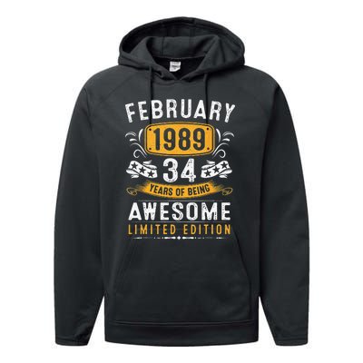 34 Years Old Gifts Vintage February 1989 34th Birthday Performance Fleece Hoodie