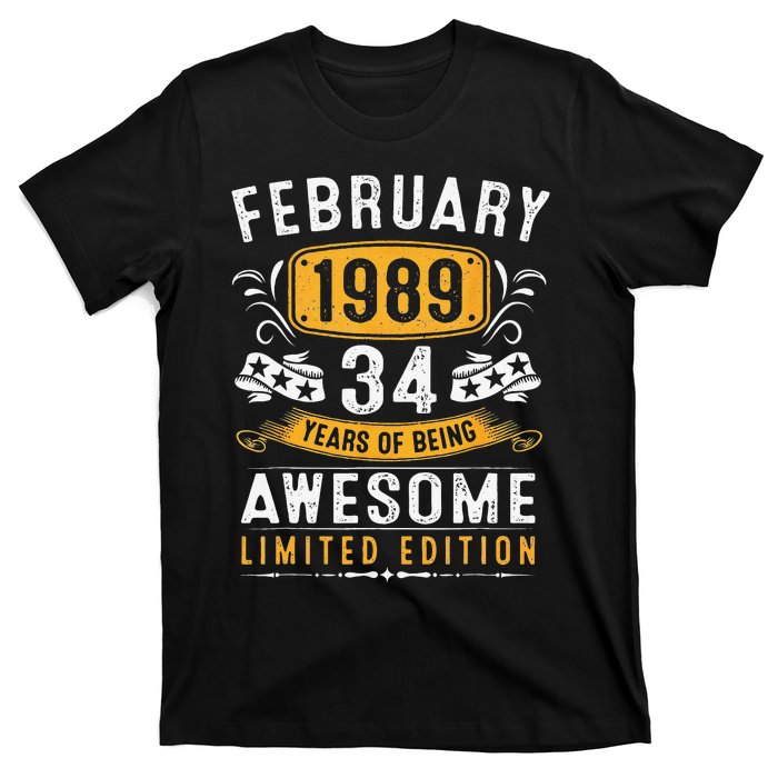 34 Years Old Gifts Vintage February 1989 34th Birthday T-Shirt