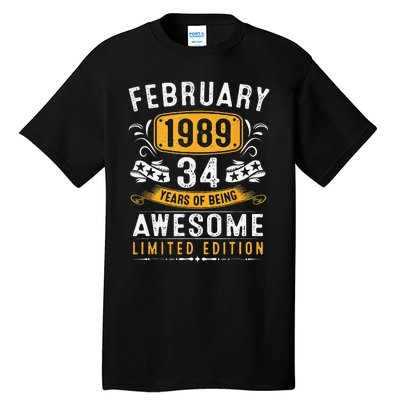 34 Years Old Gifts Vintage February 1989 34th Birthday Tall T-Shirt