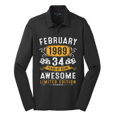 34 Years Old Gifts Vintage February 1989 34th Birthday Silk Touch Performance Long Sleeve Polo