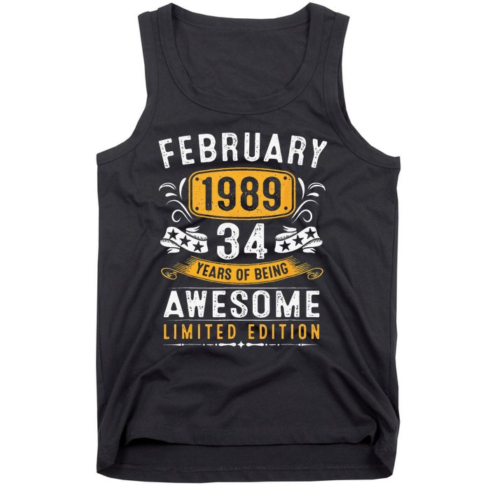 34 Years Old Gifts Vintage February 1989 34th Birthday Tank Top