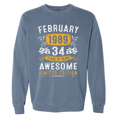 34 Years Old Gifts Vintage February 1989 34th Birthday Garment-Dyed Sweatshirt