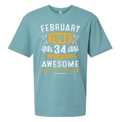 34 Years Old Gifts Vintage February 1989 34th Birthday Sueded Cloud Jersey T-Shirt