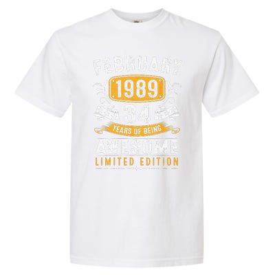 34 Years Old Gifts Vintage February 1989 34th Birthday Garment-Dyed Heavyweight T-Shirt