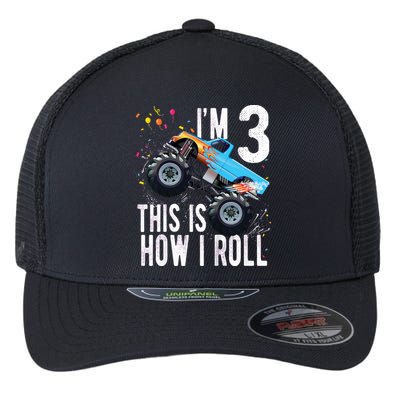 3 Year Old Shirt 3rd Birthday Boy Monster Truck Car Flexfit Unipanel Trucker Cap