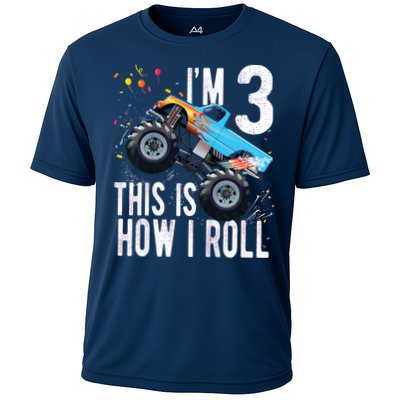 3 Year Old Shirt 3rd Birthday Boy Monster Truck Car Cooling Performance Crew T-Shirt