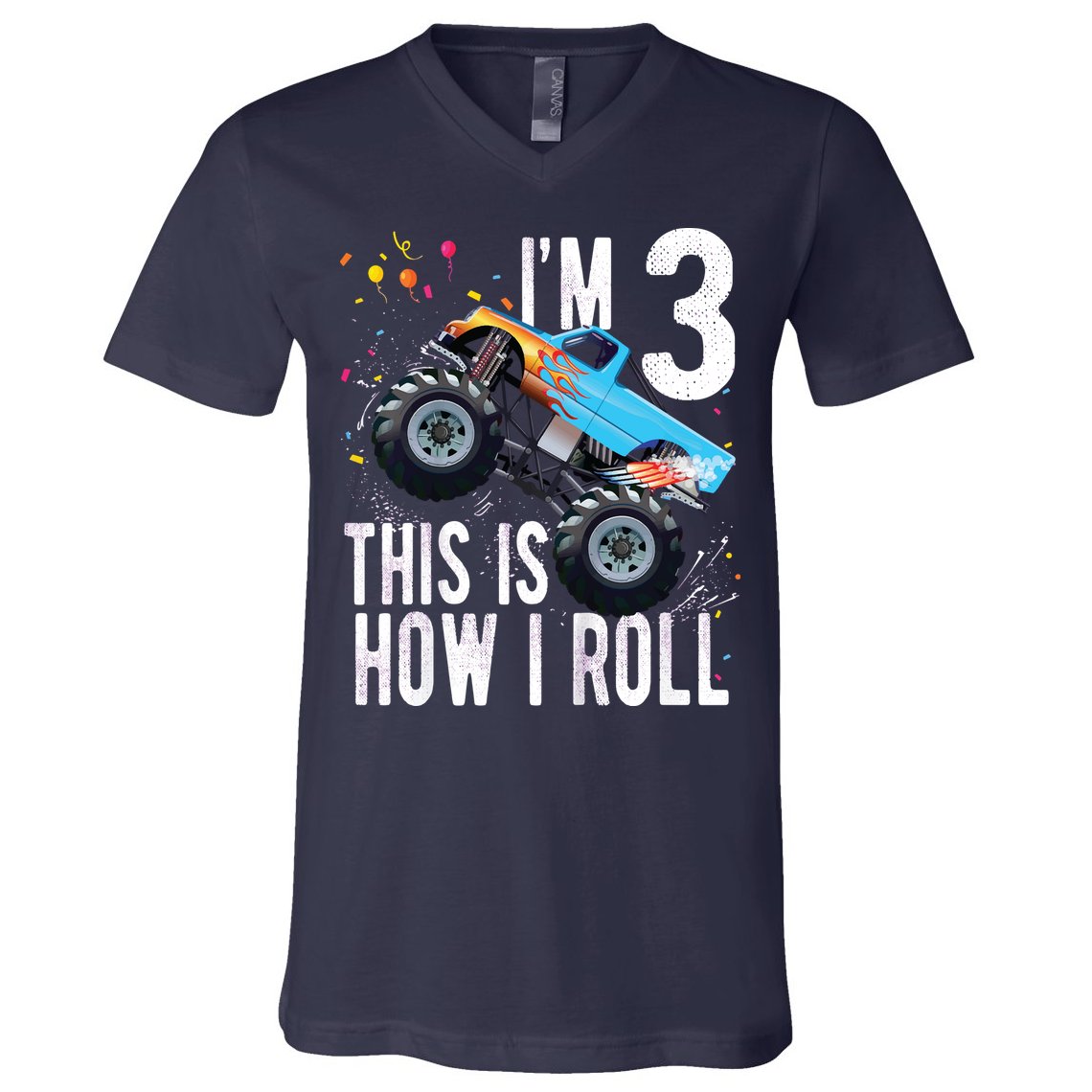 3 Year Old Shirt 3rd Birthday Boy Monster Truck Car V-Neck T-Shirt