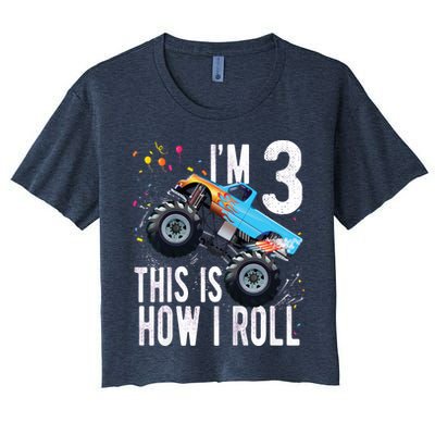3 Year Old Shirt 3rd Birthday Boy Monster Truck Car Women's Crop Top Tee