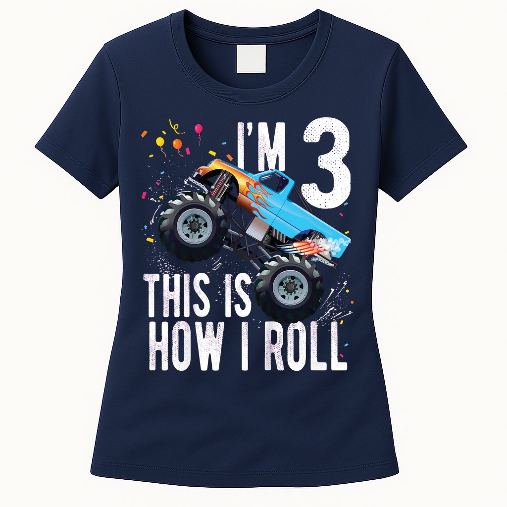 3 Year Old Shirt 3rd Birthday Boy Monster Truck Car Womens T-Shirt