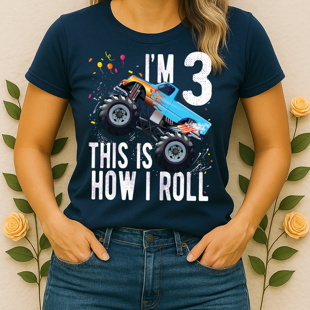 3 Year Old Shirt 3rd Birthday Boy Monster Truck Car Womens T-Shirt