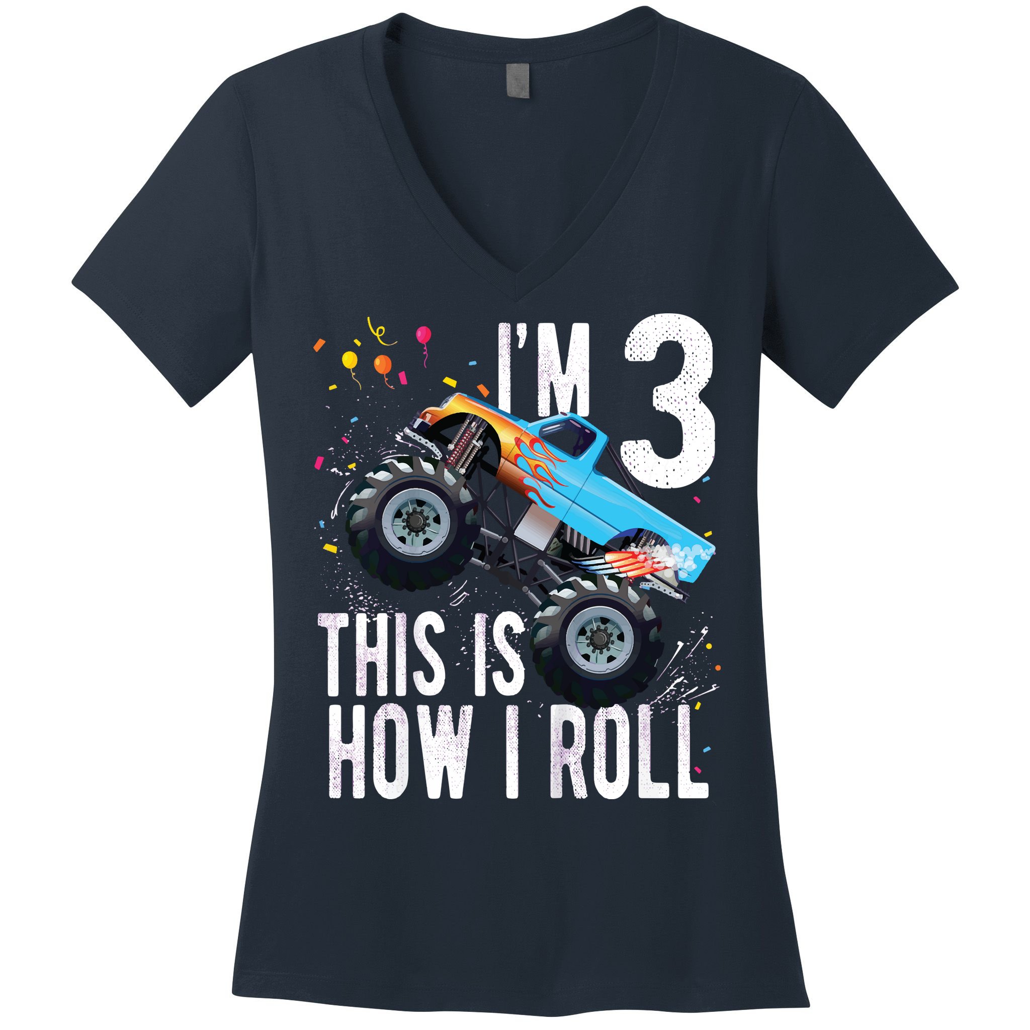 3 Year Old Shirt 3rd Birthday Boy Monster Truck Car Women's V-Neck T-Shirt
