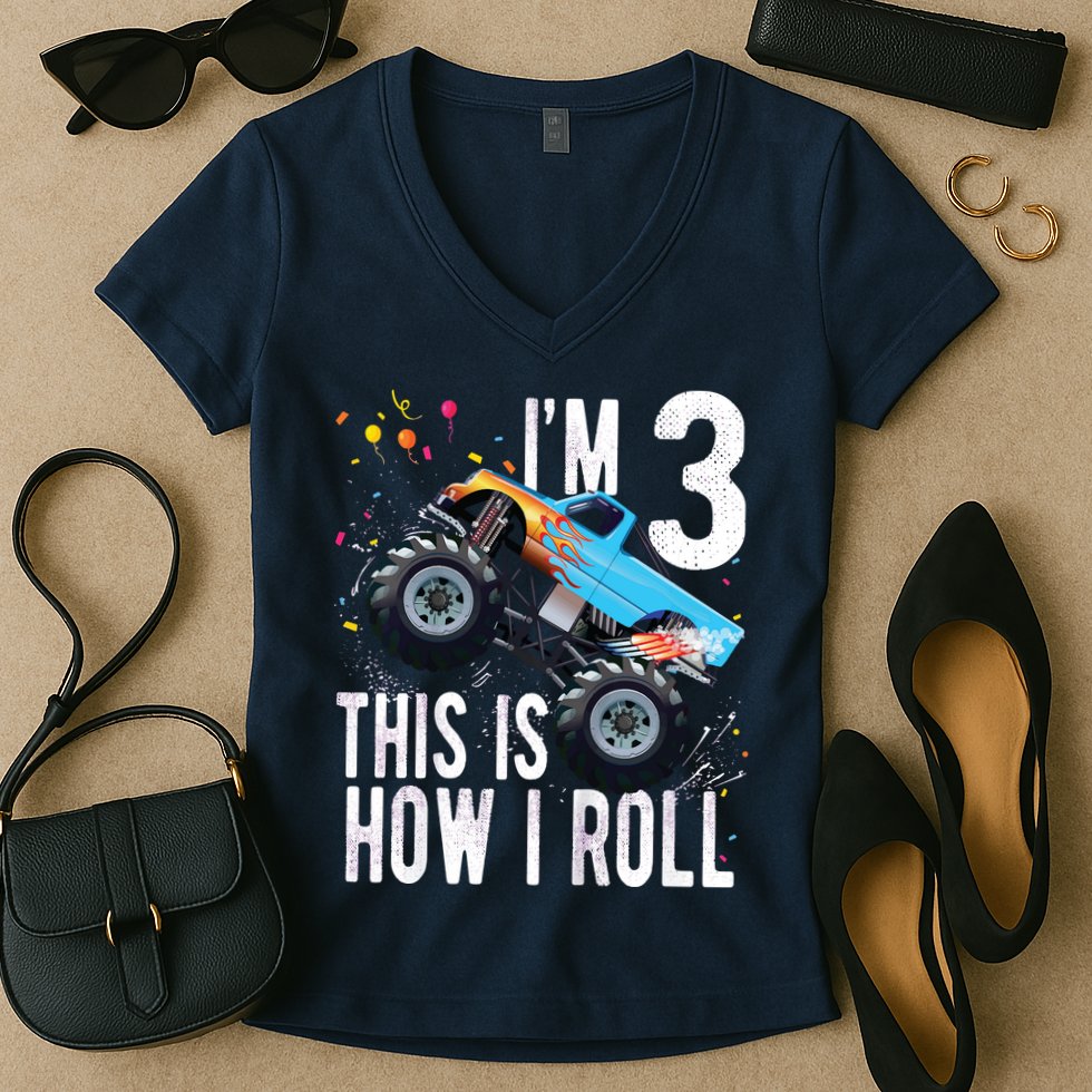 3 Year Old Shirt 3rd Birthday Boy Monster Truck Car Women's V-Neck T-Shirt