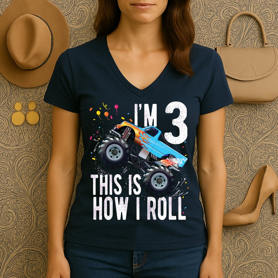 3 Year Old Shirt 3rd Birthday Boy Monster Truck Car Women's V-Neck T-Shirt