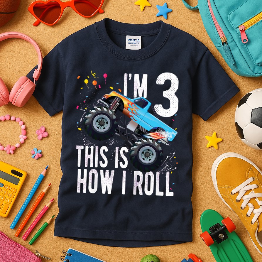 3 Year Old Shirt 3rd Birthday Boy Monster Truck Car Kids T-Shirt
