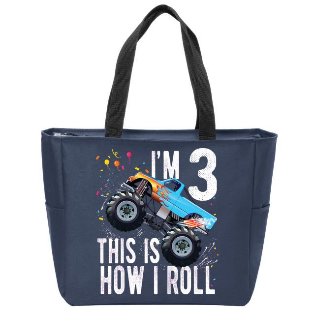 3 Year Old Shirt 3rd Birthday Boy Monster Truck Car Zip Tote Bag