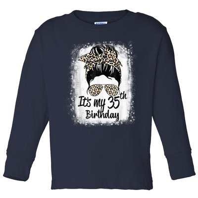 35 Years Old Messy Bun Leopard It's My 35th Birthday Toddler Long Sleeve Shirt