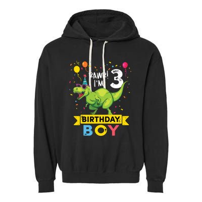 3 Year Old 3rd Birthday Rex Dinosaur Garment-Dyed Fleece Hoodie