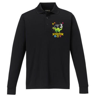 3 Year Old 3rd Birthday Rex Dinosaur Performance Long Sleeve Polo