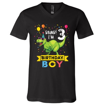 3 Year Old 3rd Birthday Rex Dinosaur V-Neck T-Shirt