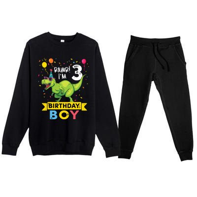 3 Year Old 3rd Birthday Rex Dinosaur Premium Crewneck Sweatsuit Set