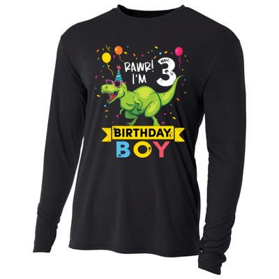 3 Year Old 3rd Birthday Rex Dinosaur Cooling Performance Long Sleeve Crew