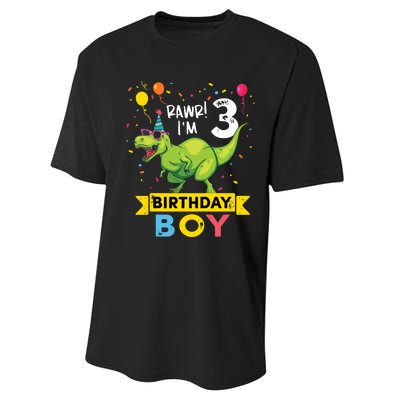 3 Year Old 3rd Birthday Rex Dinosaur Performance Sprint T-Shirt