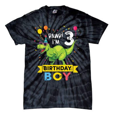 3 Year Old 3rd Birthday Rex Dinosaur Tie-Dye T-Shirt