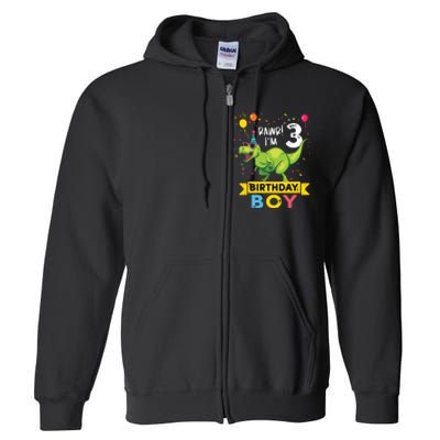 3 Year Old 3rd Birthday Rex Dinosaur Full Zip Hoodie