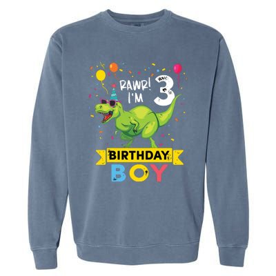 3 Year Old 3rd Birthday Rex Dinosaur Garment-Dyed Sweatshirt