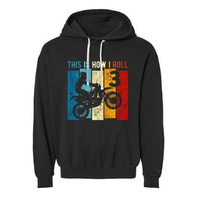 3 Year Old Birthday Boy Motocross 3rd Birthday Dirt Bike Garment-Dyed Fleece Hoodie