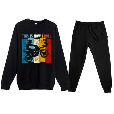 3 Year Old Birthday Boy Motocross 3rd Birthday Dirt Bike Premium Crewneck Sweatsuit Set