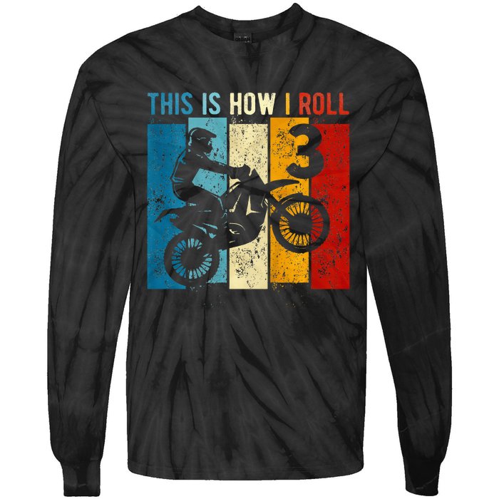 3 Year Old Birthday Boy Motocross 3rd Birthday Dirt Bike Tie-Dye Long Sleeve Shirt