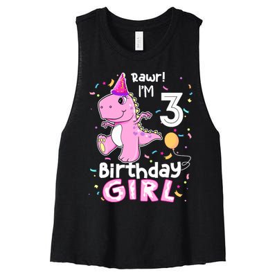 3 Year Old Dinosaur Birthday 3rd T Rex Dino Three Saurus Women's Racerback Cropped Tank