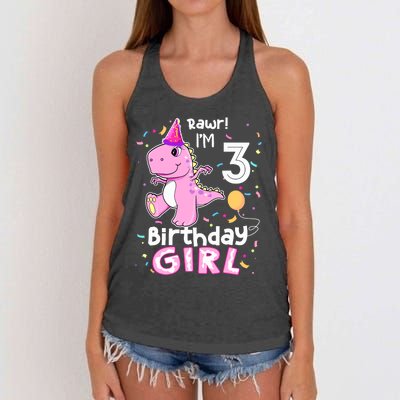 3 Year Old Dinosaur Birthday 3rd T Rex Dino Three Saurus Women's Knotted Racerback Tank