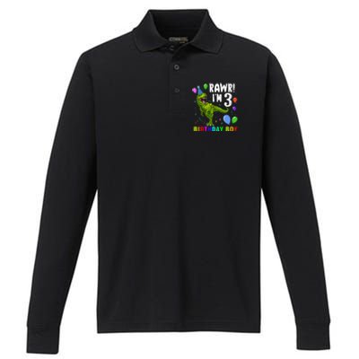 3 Year Old 3rd Birthday T Rex Dinosaur Performance Long Sleeve Polo