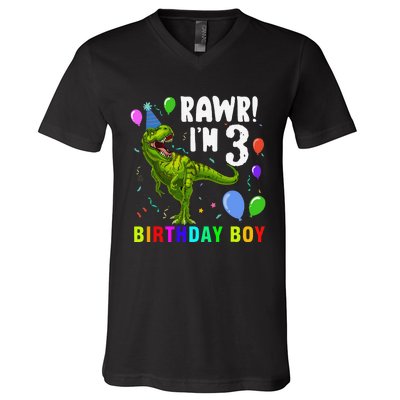 3 Year Old 3rd Birthday T Rex Dinosaur V-Neck T-Shirt