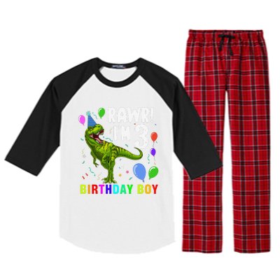 3 Year Old 3rd Birthday T Rex Dinosaur Raglan Sleeve Pajama Set