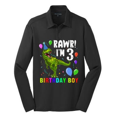 3 Year Old 3rd Birthday T Rex Dinosaur Silk Touch Performance Long Sleeve Polo