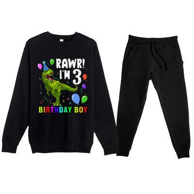 3 Year Old 3rd Birthday T Rex Dinosaur Premium Crewneck Sweatsuit Set