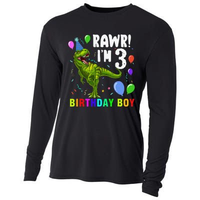 3 Year Old 3rd Birthday T Rex Dinosaur Cooling Performance Long Sleeve Crew