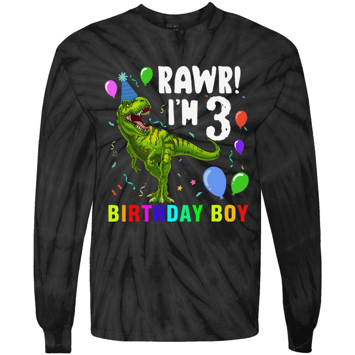 3 Year Old 3rd Birthday T Rex Dinosaur Tie-Dye Long Sleeve Shirt