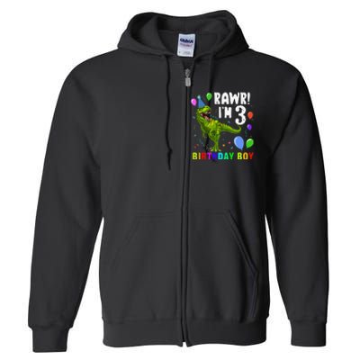 3 Year Old 3rd Birthday T Rex Dinosaur Full Zip Hoodie