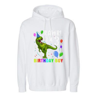 3 Year Old 3rd Birthday T Rex Dinosaur Garment-Dyed Fleece Hoodie