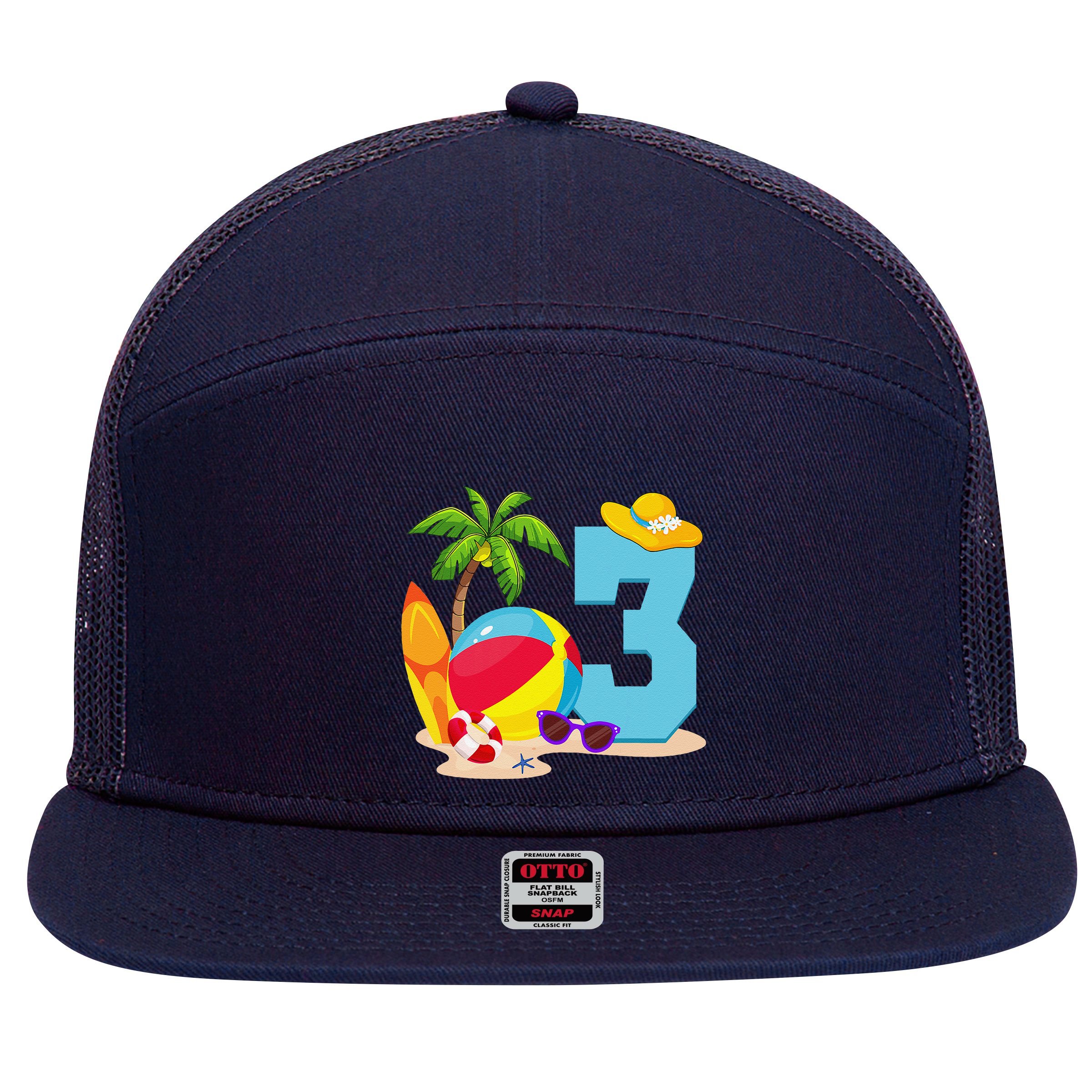 3 Year Old Beach Ball Pool Party Birthday Summer Vacation 7 Panel Mesh Trucker Snapback Hat