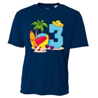 3 Year Old Beach Ball Pool Party Birthday Summer Vacation Cooling Performance Crew T-Shirt