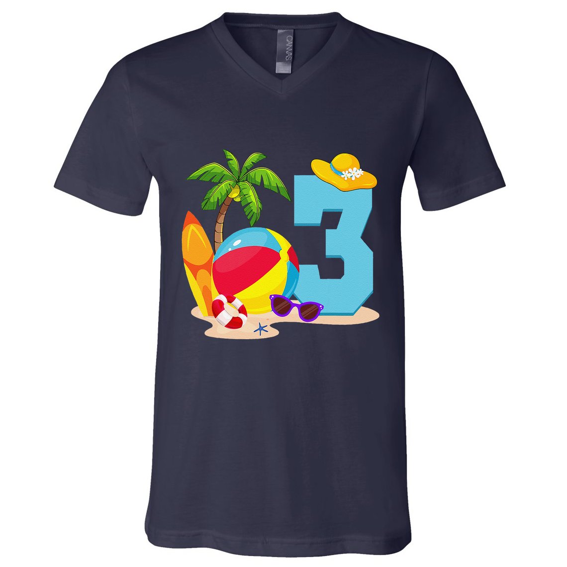 3 Year Old Beach Ball Pool Party Birthday Summer Vacation V-Neck T-Shirt