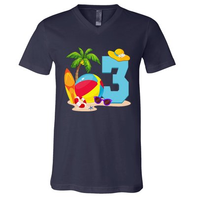 3 Year Old Beach Ball Pool Party Birthday Summer Vacation V-Neck T-Shirt