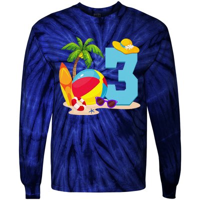 3 Year Old Beach Ball Pool Party Birthday Summer Vacation Tie-Dye Long Sleeve Shirt