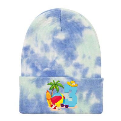 3 Year Old Beach Ball Pool Party Birthday Summer Vacation Tie Dye 12in Knit Beanie